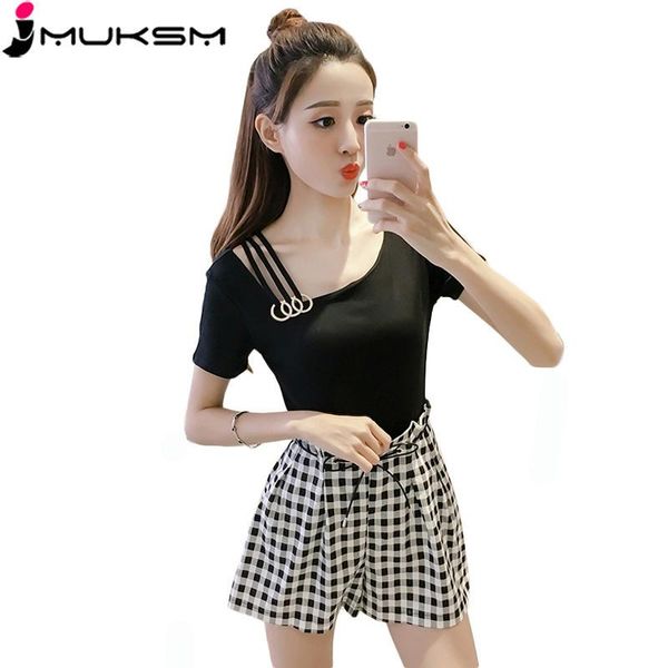 

women's tracksuits fashion female set short-sleeved summer cotton t-shirt+lady high waist lattice shorts temperament sets women 2 piece, Gray