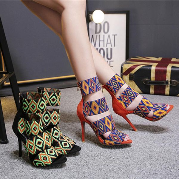 

fashion women 11cm high heels fetish leather sandals roman cross tied summer shoes lady orange peep toe stiletto sandles, Black