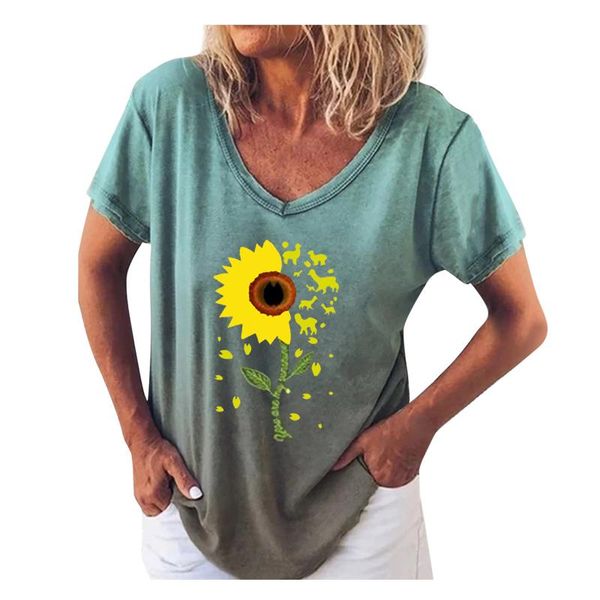

women's t-shirt women sunflower animal print gradient tie-dye t shirt v neck short sleeve casual tee summer mujer camisetas, White