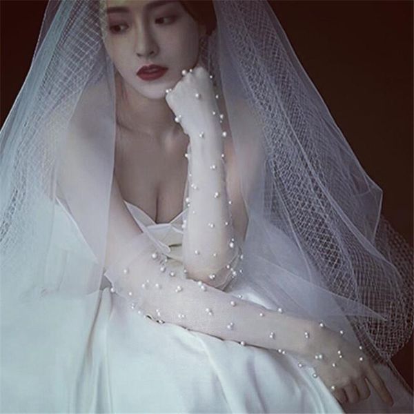 

bridal gloves white wedding dress pearl mesh yarn long pography arm summer thin