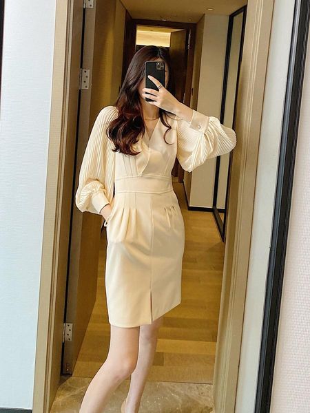 

2021 new summer autumn office lady wear to work female bubble sleeve slim midi vestidos ol mmk0, Black;gray