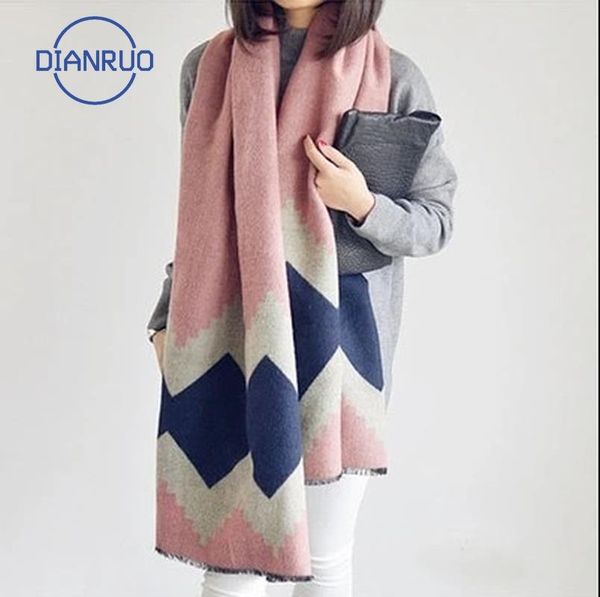 

scarves dianruo autumn and winter cashmere scarf women's korean long thermal geometric diamond lattice shawl q519, Blue;gray