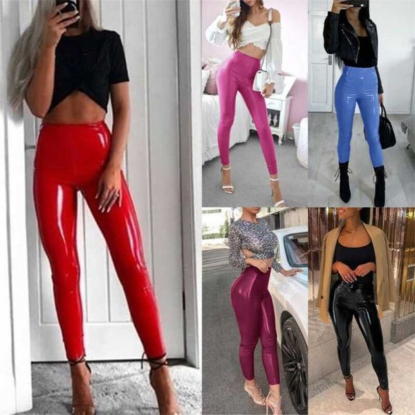 Mulheres Sexy Leggings Gótico Olhar Olhar Pu Couro Preto Slim Fino Calças Longas Senhoras Stretchy Stretchy Plus Tamanho 211204