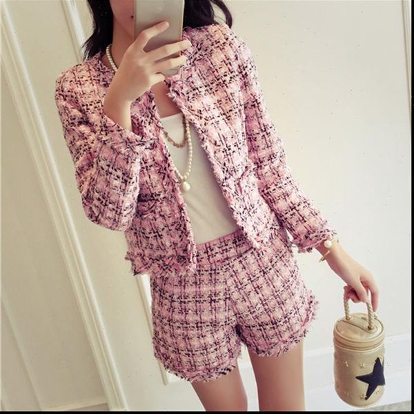 

2021 autumn winter tweed 2 piece set women plaid short set fashion fringed trim jacket coat tassels short suit, Gray