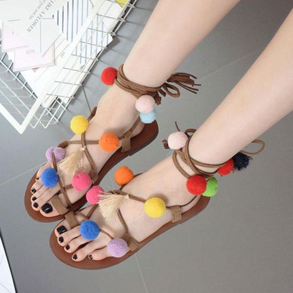 

sandals ethnic multicolor pompon gladiator femme summer shoes women tassel lace up sandales cross band flat clip toe sandalias, Black