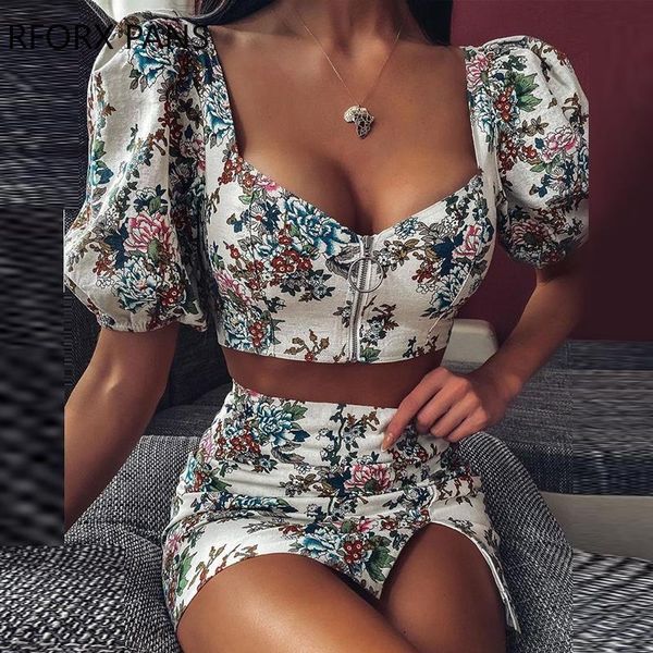 

women tracksuit women floral print puffed sleeve crop & skirt sets two piece set, Gray