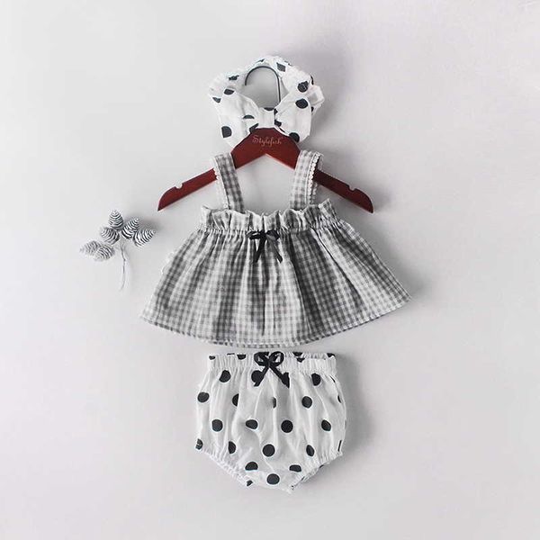 Varejo verão bebê menina conjuntos vestido xadrez + shorts de bolinhas + headband 3 pcs crianças 0-2T E86011 210610