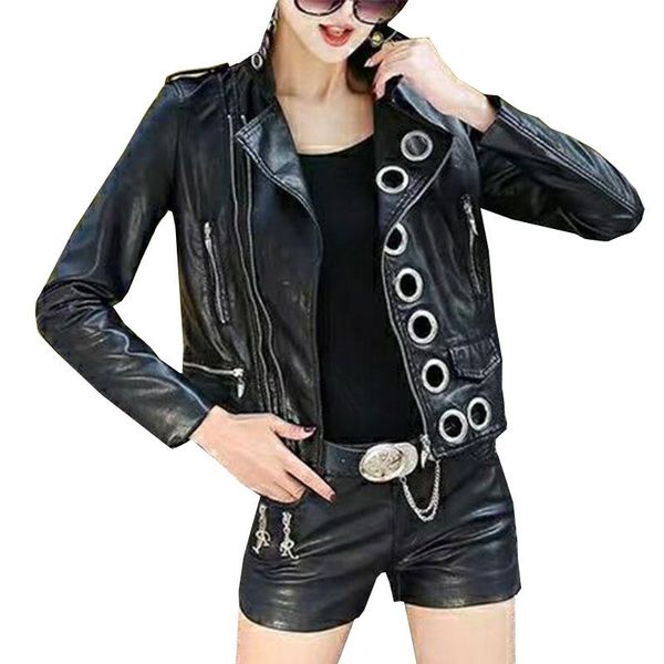 

women's leather & faux jacket 2021 autumn wild fashion pu casual loose streetwear metal hole female, Black