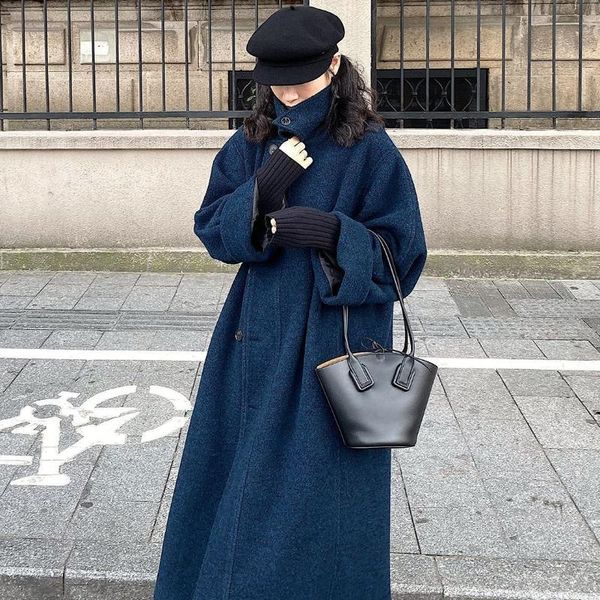 

women's wool & blends women elegant long coat solid sleeve oversized outerwear ladies single breasted belt woolen overcoat fall winter, Black