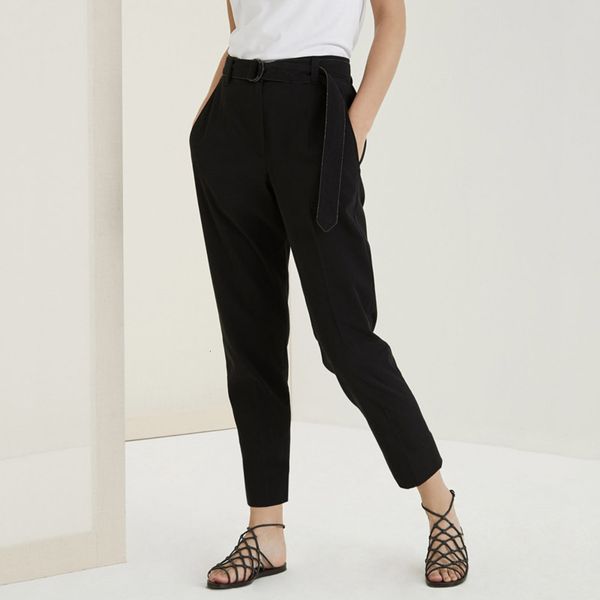 

designer 21ss buor style spring and summer belt women's high waist casual loose thin black wool capris, Black;white