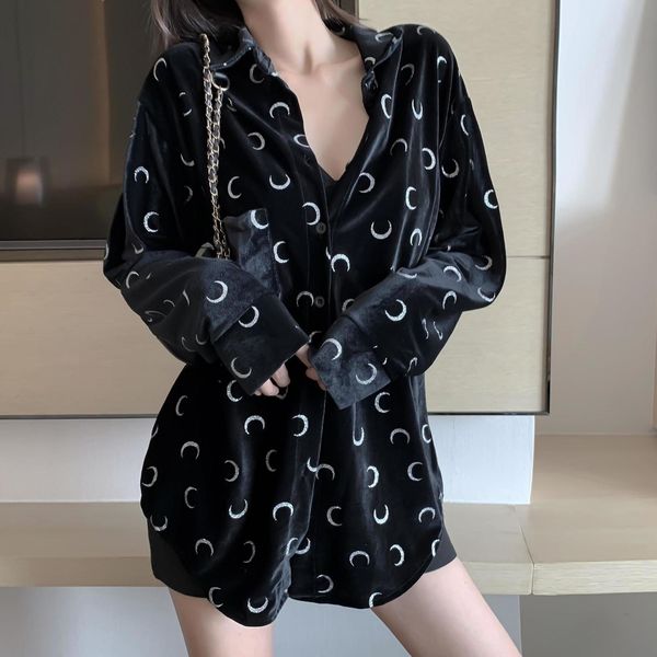 

harajuku moon printing lapel shirt loose black long velvet shirt fashion streetwear long sleeve moon shirt new, White