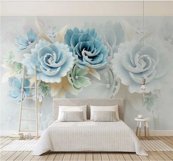 

new 3d three-dimensional relief flower blue fresh tv background wall custom wallpaper 5d/8d waterproof wall covering