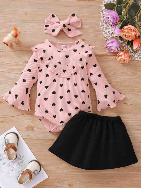 

baby heart print flounce sleeve bodysuit & skirt with headband she, White