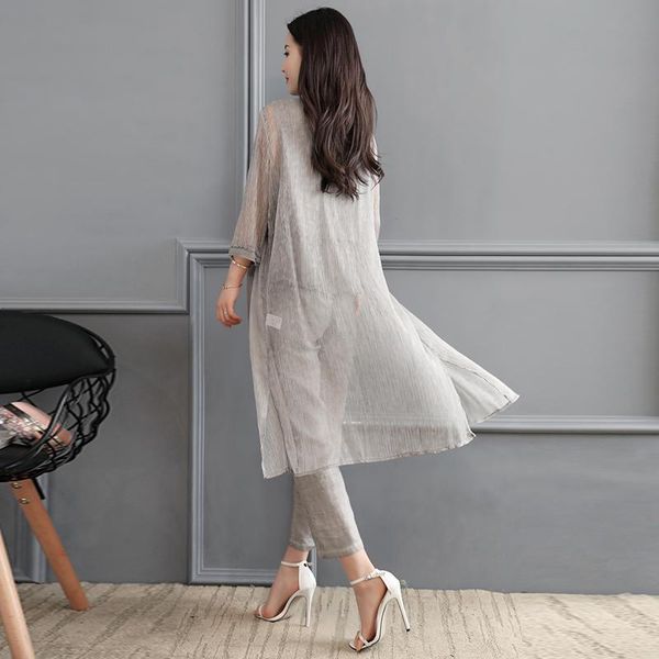 

women's tracksuits women three-piece suit summer fashion lace o-neck +pants+sunscreen coat slim linen cotton set female casual suits yf, Gray