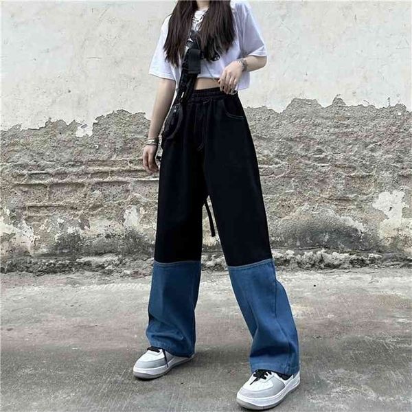 

women's jeans y2k streetwear vintage elastic high waist wide leg pants harajuku splicing straight baggy denim trouser 210809, Blue