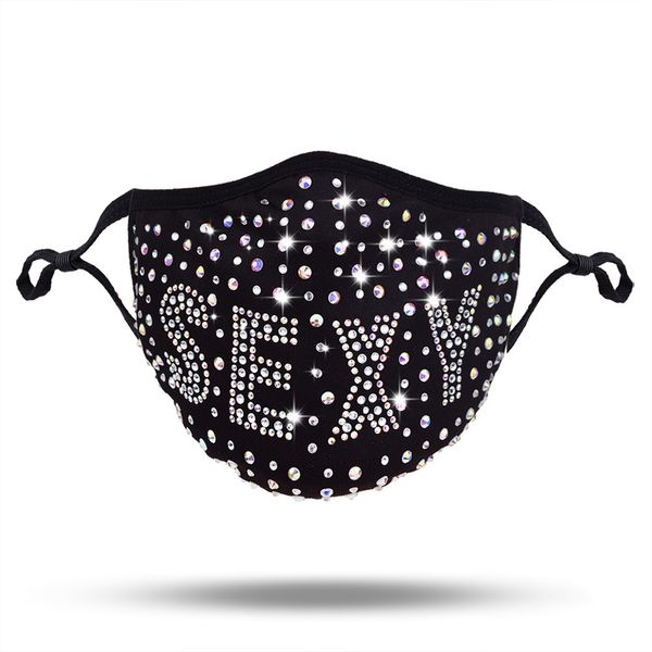 Classic Designer Face Mask Sexy Letter Drill Máscaras de Algodão PM2.5 Filtro Lavável FaceMask Rhinestone Tipo