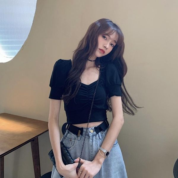 

women's t-shirt black, short sleeve sweater female outer match bare midriff square collar slimming puff with high-waisted, White
