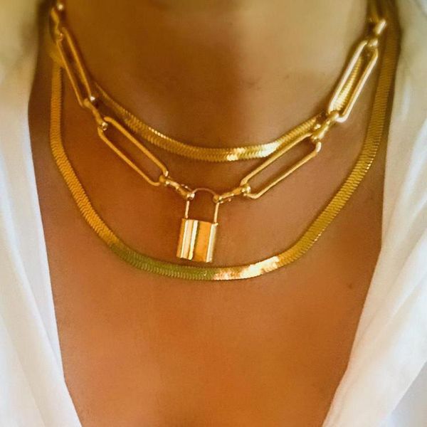 

chunky round spring clasp gold padlock paperclip link chain lock charms layering chokers necklace women jewelry, Silver