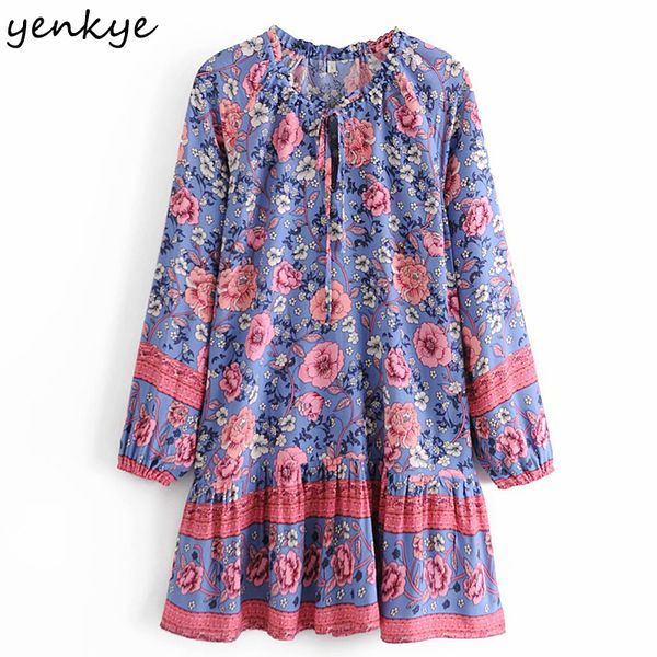 

2021 new floral print holiday summer women lace up v neck long sleeve casual loose short femme plus size vestido c1l1, Black;gray