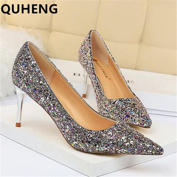 

dress shoes nightclub high heels women's fine heel stovepipe fashion shine sequins slip-on single banquet wedding 2021, Black