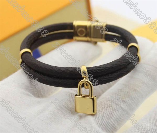 

dropship fashion classic flat brown pu leather bracelet with metal lock head charm bracelets double layer with box, Golden;silver