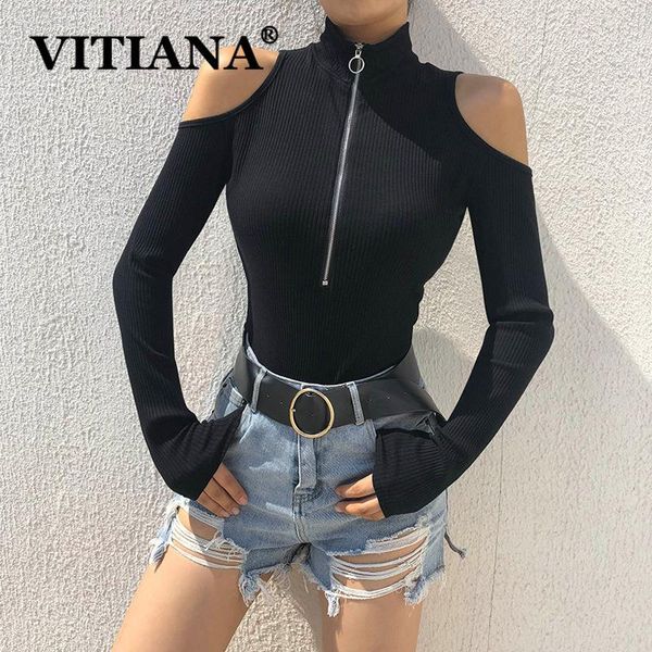 

vitiana long sleeve bodysuit women autumn 2021 female off the shoulder zipper slim office bodysuits femme high neck clothes, Black;white
