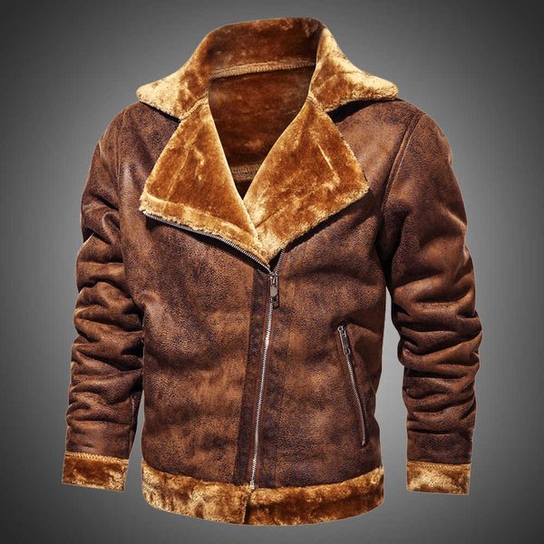 Jaquetas para homens inverno camurça jaqueta de couro lapela vintage motocicleta jaqueta homens magro caber retro casaco moda outwear pele forrada 210603