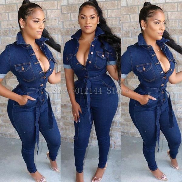

women's jumpsuits & rompers casual jeans women denim skinny bodycon playsuit short sleeve turn-down collar jumpsuit outfit female 2021, Black;white