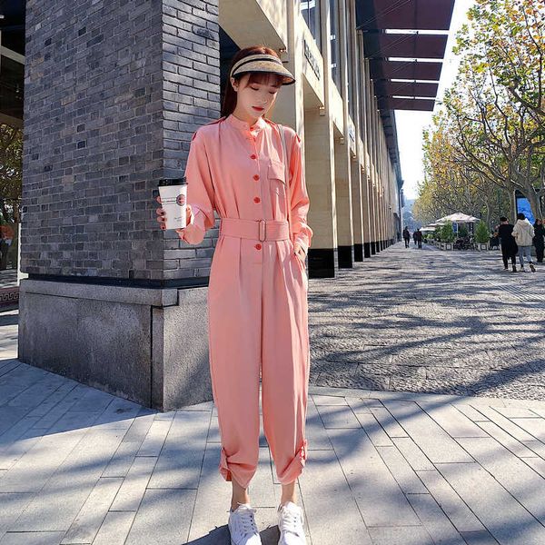 

autumn spring women long sleeve solid color stand collar jumpsuits female streetwear hip hop harem cargo pants sashe overalls, Black;white
