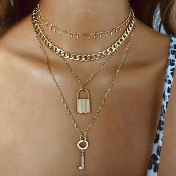 

chokers trendy female pendant link chain choker personality key and lock necklace for women metal jewelry accessory gift party wholesale, Golden;silver