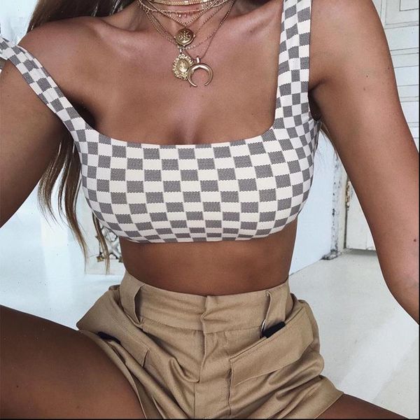 

causey rushed slim crop women plaid 2021 summer women casual party beach tank cropped feminino, White