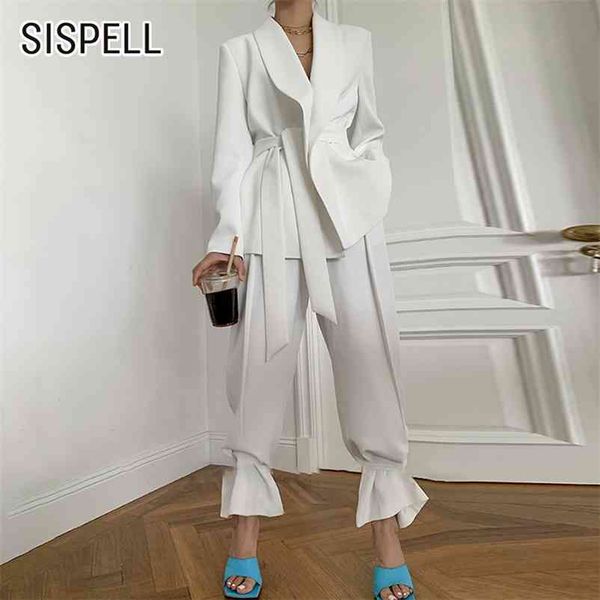 

sispell women's set lapel collar long sleeve loose belt blazer coat high waist pants legs adjustable pants for female casual set 210727, White