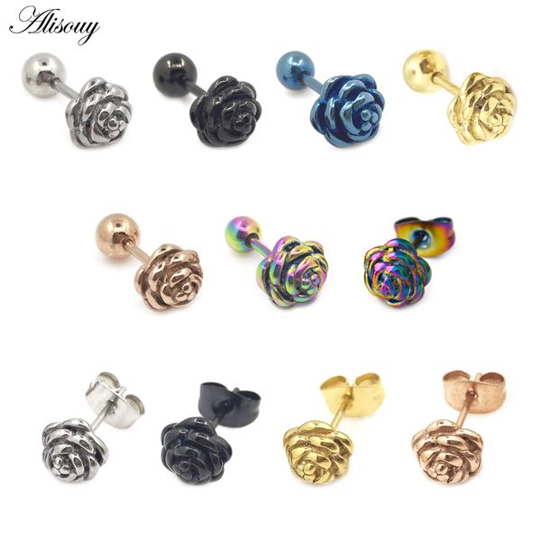 

2pcs romantic rose flower 316l stainless steel men women pierced ear stud earrings simple cute earrings party jewelry oorbellen, Golden