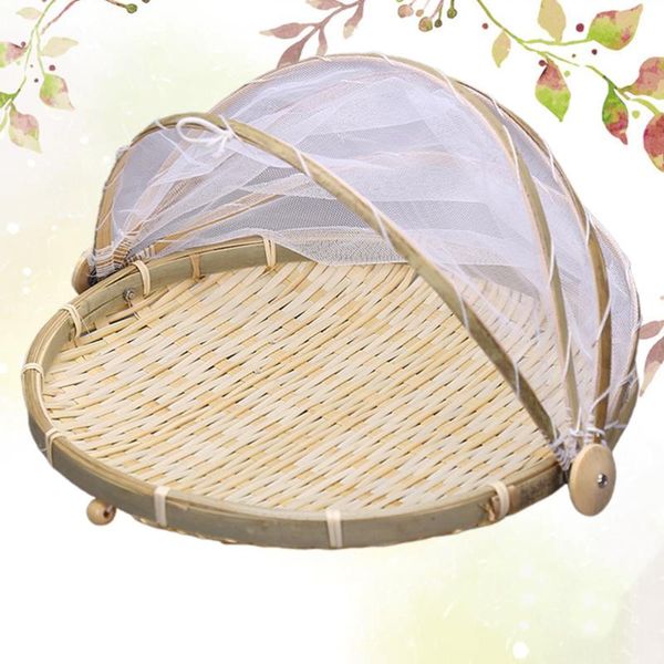 

storage baskets 1pc hand woven bug proof basket fruit vegetable bread cover bamboo with gauze picnic (khaki siz