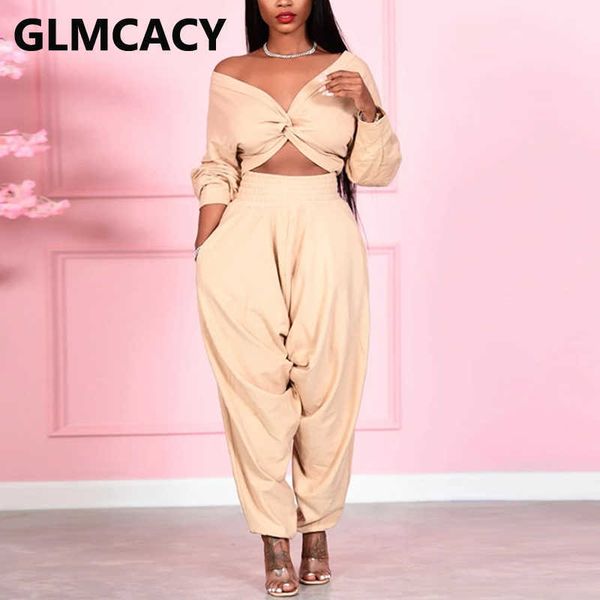 

women causal regular suits solid twist crop & loose pants set 210702, White