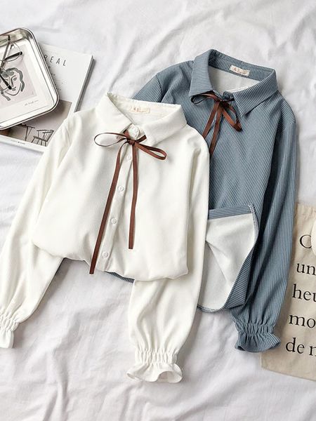 

2021 new harajuku summer kawaii chiffon shirt for long sleeve v-neck spring drawstring blouse women env1, White