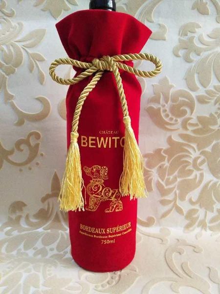 

gift wrap 250pcs/lot customized bag package for 750ml wine bottle packing with tassels flannelette drawstring wedding party