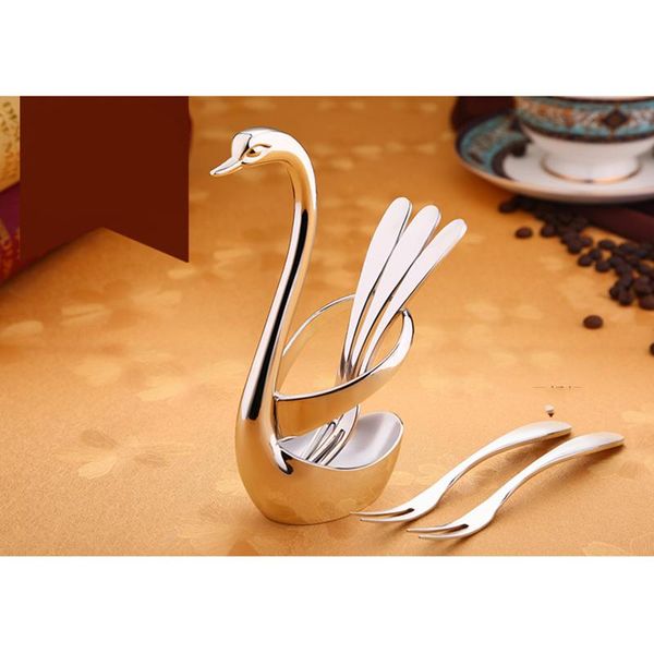 

flatware sets swan base dinnerware set forks and spoons holder for fruit dessert (platinum + 5pcs fork)