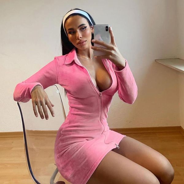 

casual dresses women solid color long sleeve short dress fashion y2k style spring autumn lapel zipper bodycon suede, Black;gray