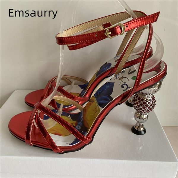 

dress shoes 2021 metal crystal strange high heel sandals women mixed color cross narrow band printed flower strappy sandalias mujer, Black