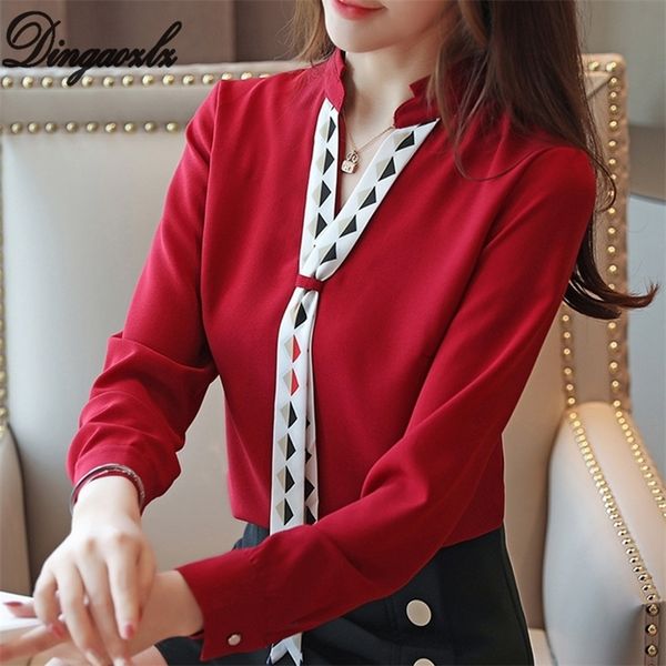 DingAozlz Blusa Feminina Elegante Camicia Chiffon Manica lunga Ladies Camicetta Rosso Bianco Ufficio Lady Shirt Patchwork Donna Top 210225