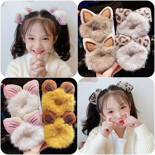 

hair accessories winter girls cute cartton animals ears plush scrunchie ponytail holder rubber bands headband fashion, Slivery;white