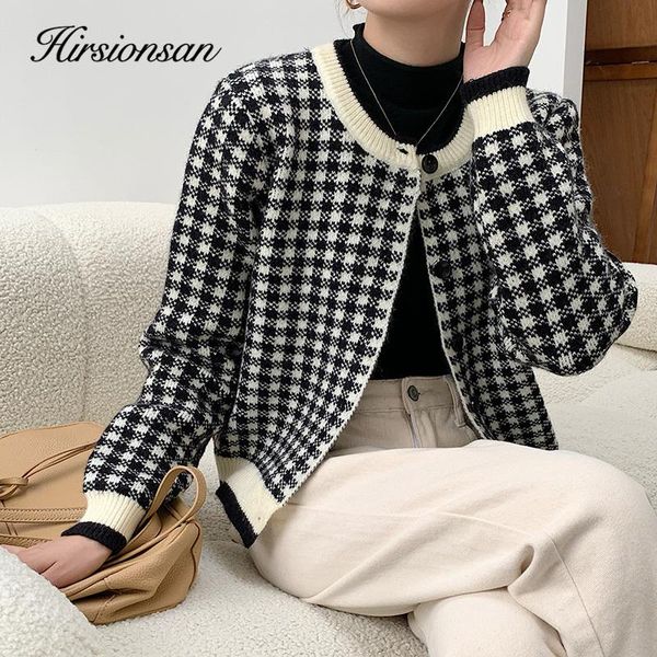 

women's knits & tees hirsionsan o neck cashmere long sleeve cardigan women 2021 single-breasted houndstooth female soft sweater loose k, White