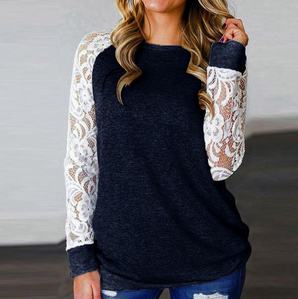 

new fashion women t-shirts lace flowers splicing o-neck long mouw femme t-shirt herfst plus size women's clothing # t1g, White