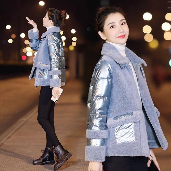 

women's fur & faux small bright face down cotton jacket short 2021 korean winter lamb wool splicing coat, Black