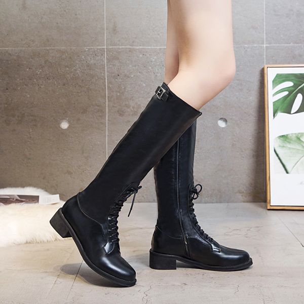 

swonco kneel shoe thick leap autumn female bandage high mounting boots shoes for women hs4n, Black