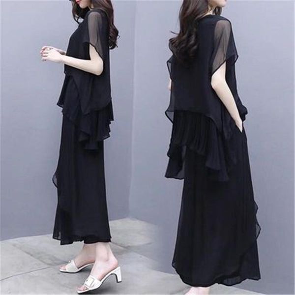 

two piece dress plus size l-5xl female spring suit women summer fashion korean black set loose thin two-piece wide-leg pants 881, White