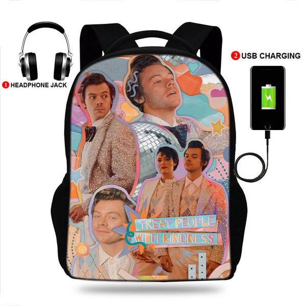 

backpack 17incht with kindness harry style print usb port backpacks for teenager boys&girls school bags laprucksack