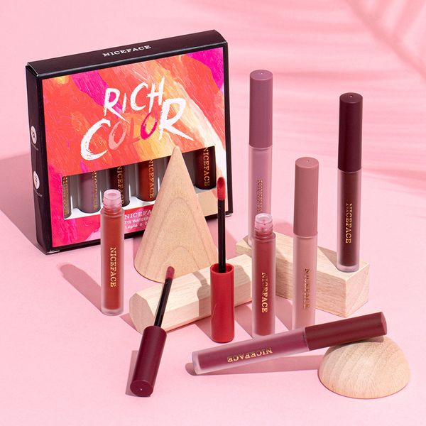 Niceface 6 Cores / caixa Nude Veludo Rich Color Liquid Batom Conjunto de Brilho Maquiagem Matte Macio Stick Cream Tint