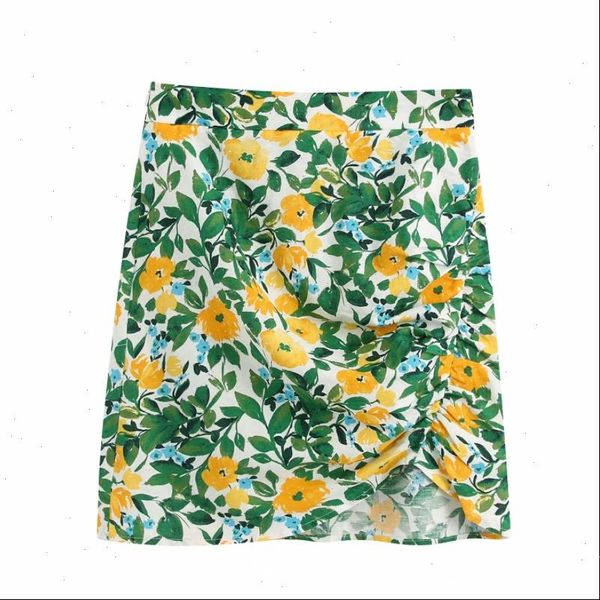 

new 2021 women fresh tropical flower print a line mini skirt faldas mujer ladies back zipper hem irregular pleats skirts qun574, Black